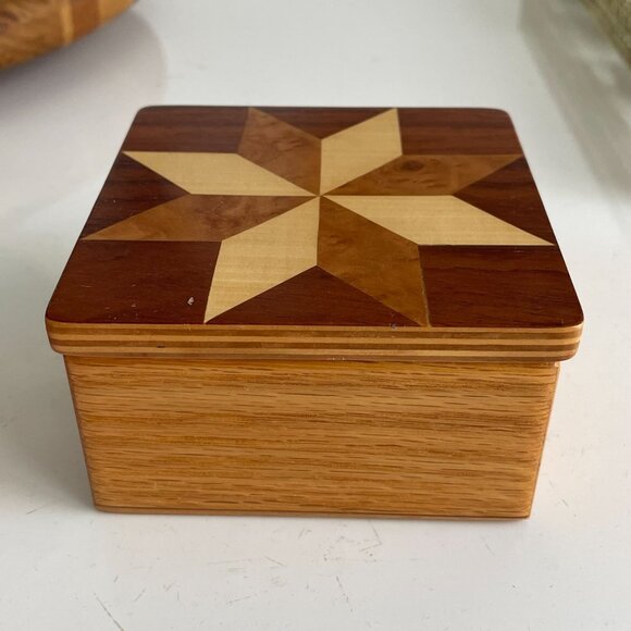 Wooden Jewelry Box Inlay Star Design Hinged Lid Keepsake Quilt Marquetry Vintage - Picture 6 of 9